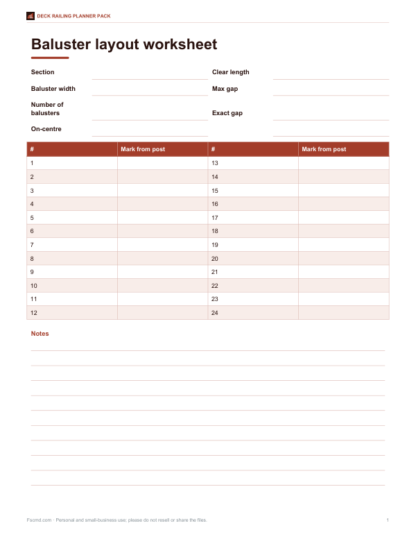 Preview of Printable Baluster Layout Worksheet