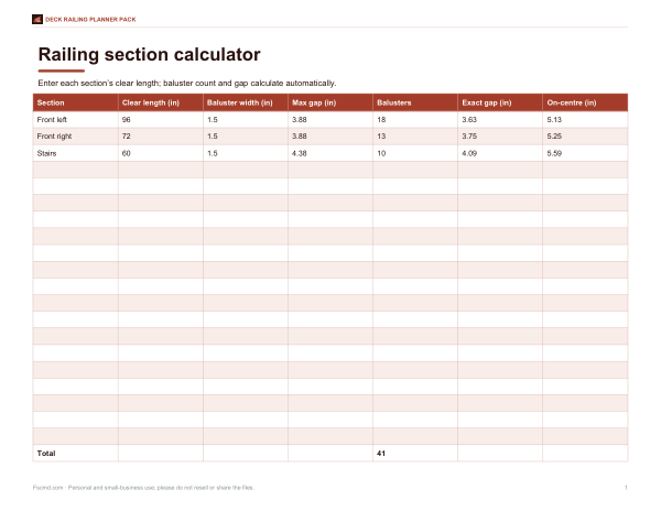 Preview of Printable Baluster Spacing Calculator